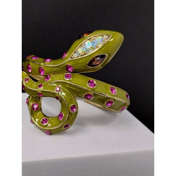 Betsey Johnson Snake Bangle Bracelet Jungle Book Green & Pink Coil Wrap Serpent - Picture 2 of 9